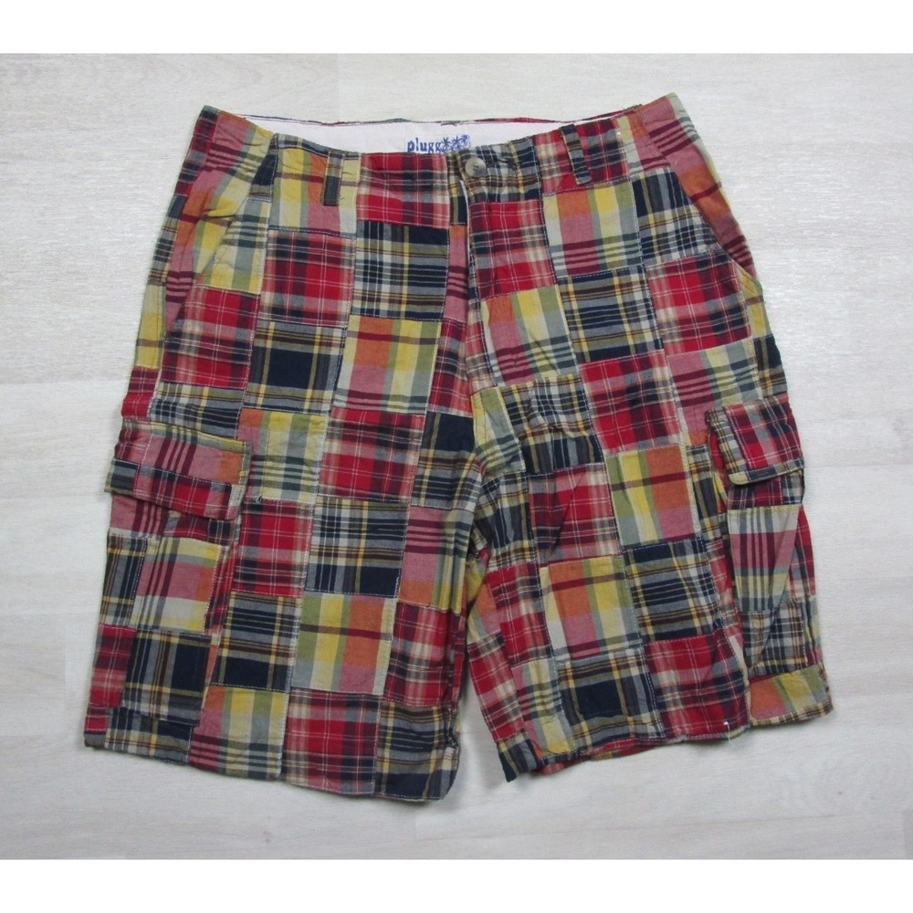 Y2K‎ Plugg Cargo Shorts Mens (34) Plaid Baggy Loose Rave Skater Surf Grunge